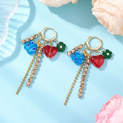 Lmapwork сердце с цветком серьги-кольца, с латунной фурнитурой для сережек-колец и цепочками из железных шариков