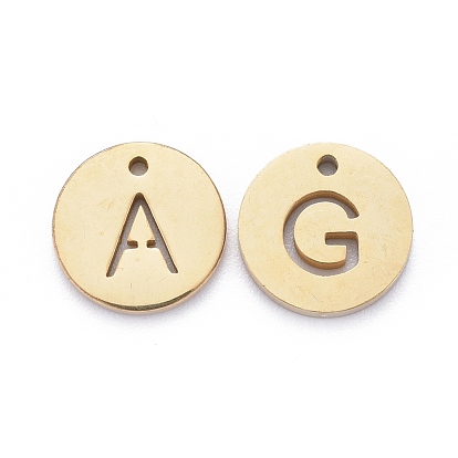 304 Stainless Steel Charms, Ion Plating (IP), Flat Round with Letter A~Z