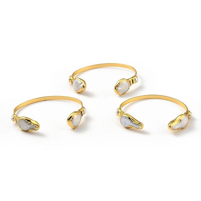 Natural Pearl Irregular Open Cuff Bangle, Brass Jewelry for Women