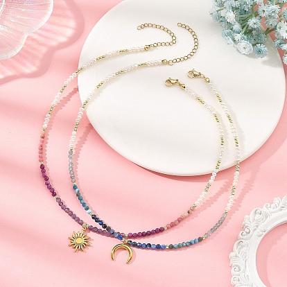 2Pcs 2 Styles 304 Stainless Steel Sun Moon Pendant Natural Mixed Gemstone & Pearl Beaded Necklaces for Women, Golden