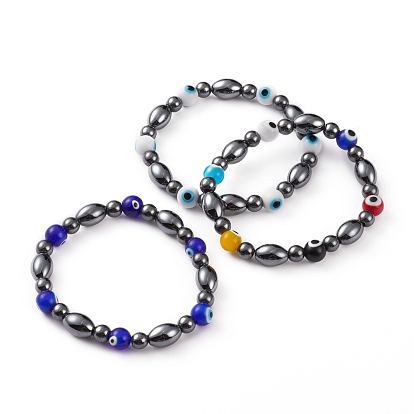 Non-Magnetic Synthetic Hematite Beads Stretch Bracelets, with Handmade Evil Eye Lampwork Round Beads