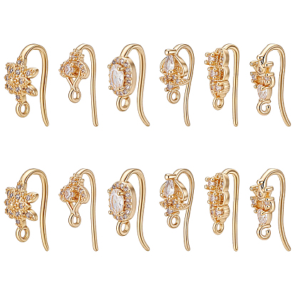14pcs 7 styles crochets de boucles d'oreilles en laiton micro pavé de zircone cubique transparente