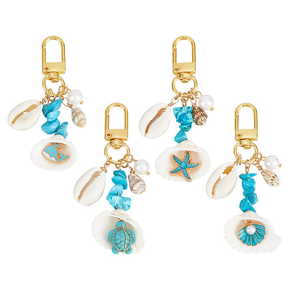 8шт. 4 стили синтетические бирюзовые бусины и ракушки подвески украшения, Поворотные застежки из сплава, подвески для украшений сумок
