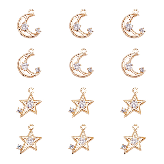 Brass Micro Pave Cubic Zirconia Pendants, Star and Moon, Clear