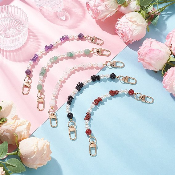 Цепочки-удлинители для сумок с натуральными драгоценными камнями и круглыми искусственными жемчужинами из АБС-пластика, с поворотными застежками сплава, золотой свет