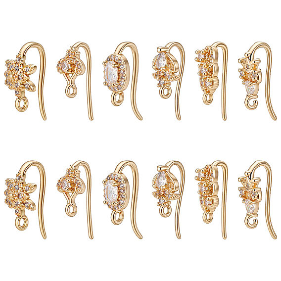 14Pcs 7 Styles Brass Micro Pave Clear Cubic Zirconia Earring Hooks