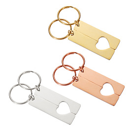 Porte-clés pendentifs en acier inoxydable, avec porte-clés en alliage, rectangle avec le coeur