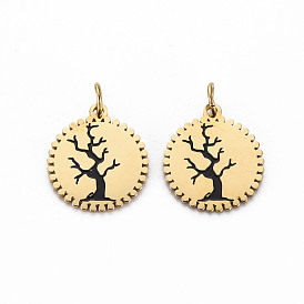 Chapado de iones (ip) 316 colgantes de esmalte de acero inoxidable quirúrgico, con anillos de salto, Corte con laser, sin cadmio y níque y plomo, plano y redondo con el árbol de la vida, negro