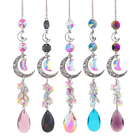 Glass Moon Hanging Suncatcher Pendant Decoration, Teardrop Crystal Ceiling Chandelier Ball Prism Pendants, with Alloy & Iron Findings
