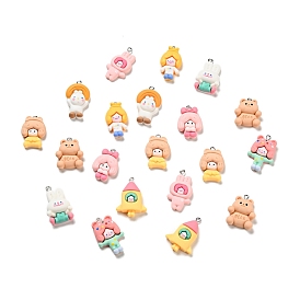 Opaque Resin Pendants, with Platinum Tone Iron Loops, Rabbit & Bear & Girl, Mixed Shapes Charm