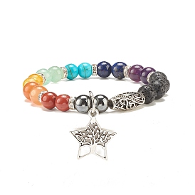Natural & Synthetic Mixed Gemstone Round Beaded Stretch Bracelet with Alloy Star with Tree, Yoga Jewelry for Women