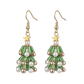 Glass Dangle Earrings, with Brass Earring Hooks and Shell Pearl Beads, Christmas Tree