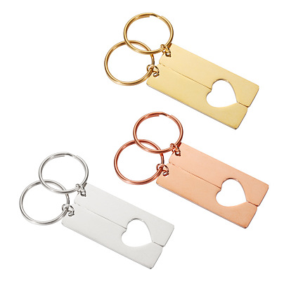 Stainless Steel Pendants Keychain, with Alloy Key Rings, Rectangle with Heart