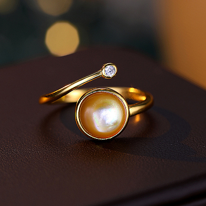 Simple Style S925 Sterling Silver Pave Clear Cubic Zirconia Cuff Rings, Imitation Pearl Rings for Women, Flat Round