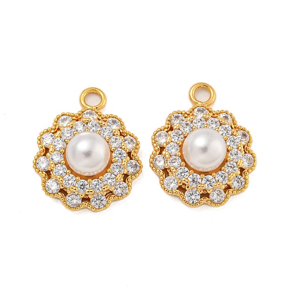 Латунные микро проложить кубического циркония подвески, с пластмассовой жемчужиной abs, цветок