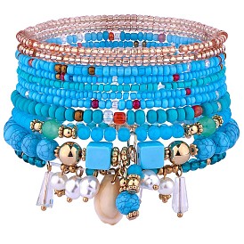 11Pcs Boho Seed Beads Stretch Bracelets Set, Multilayered Stackable Bracelets, Colorful Shell Beaded Charm Surfer Bracelets for Women
