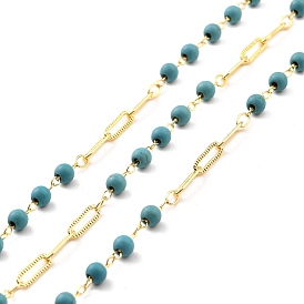 Handmade Brass Link Chains, with Round Beads, Long-Lasting Plated, Soldered, with Spool, Beads with Synthetic Turquoise