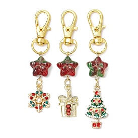 Christmas Theme Alloy Enamel with Rhinestone Pendant Decoration, Glass Star Pendant Decoration, with Iron Swivel Clasp, Christmas Tree/Gift/Snowflake