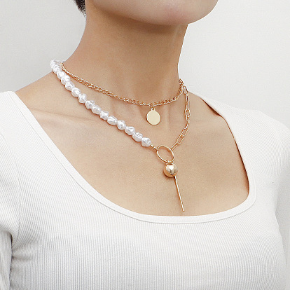 Baroque Pearl Necklace with Geometric Shapes and Long Rod Pendant Chain