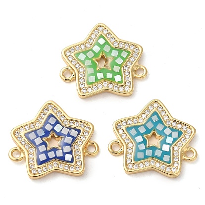 Rack Plating Brass Micro Pave Clear Cubic Zirconia Star Connector Charms, with Shell & Enamel, Real 18K Gold Plated, Long-Lasting Plated, Lead Free & Cadmium Free