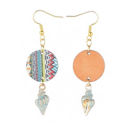 Printed Basswood Dangle Earrings, with Alloy Enamel Pendants and Brass Earring Hooks, Flat Round, Mixed Color