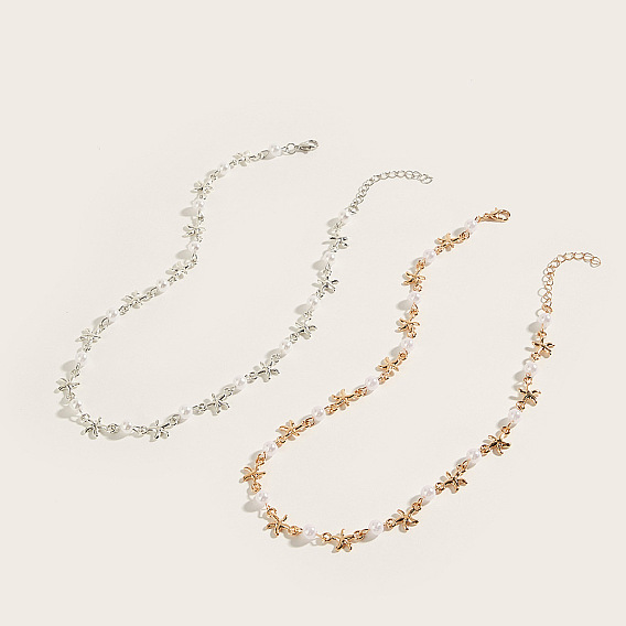 Летние пляжные ожерелья из сплава с морскими звездами и круглыми искусственными жемчужинами для женщин, белые