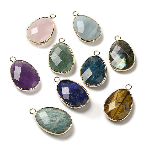 Natural Mixed Gemstone Faceted Pendents, Brass Egg Charms