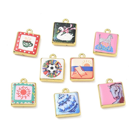 Pendentifs en laiton imprimés, charmes carrés, sans cadmium et sans plomb, or