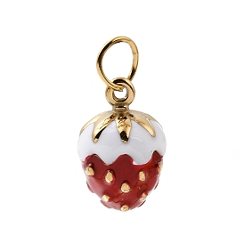304 Stainless Steel Enamel Pendants, Strawberry Charms, Ion Plating(IP), Real 18K Gold Plated