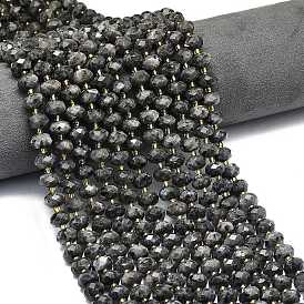 Натуральные нити бус из ларвикита, граненые, рондель, с бисером