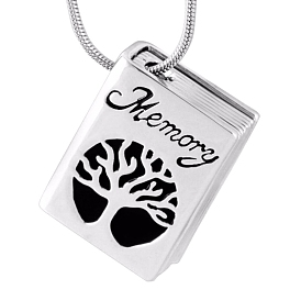 Stainless Steel Book with Tree Urn Ashes Pendant Necklace, Word Memory Jewelry for Men Women