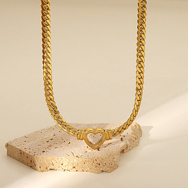 Heart-shaped Cuban Link Necklace with Hollow Flat Snake Chain Pendant for Women