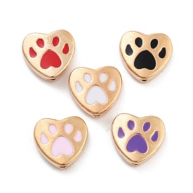 Alloy Enamel Beads, Heart with Paw Print Pattern, Golden