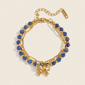 Натуральный драгоценный камень бисера браслеты шарм, 304 женские браслеты-цепочки со скрепками из нержавеющей стали, бантом