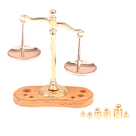 Alloy Miniature Balance Scale Display Decorations, with Wood Base, for Dollhouse Decor
