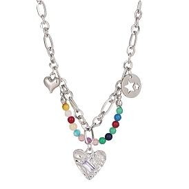 Heart & Star & Glass Beads Pendant Necklace, Alloy Jewelry for Women