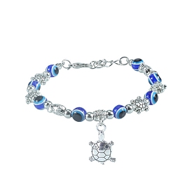 Blue Evil Eye Lampwork Beaded Bracelets, Summer Beach Tortoise Metal Charm Bracelets for Women