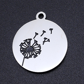 201 Stainless Steel Etched Pendants, Flat Round with Dandelion