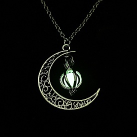 Luminous Alloy Locket Pendant Necklaces, Glow in the Dark, Moon with Pumpkin