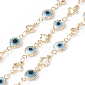 Handmade Eco-friendly Brass Enamel Flat Round with Evil Eye & Heart Link Chain, with Clear Cubic Zirconia, Real 18K Gold Plated, Lead Free & Cadmium Free, Soldered, with Spool