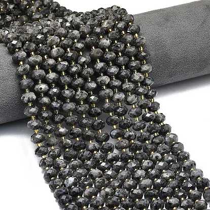 Натуральные нити бус из ларвикита, граненые, рондель, с бисером