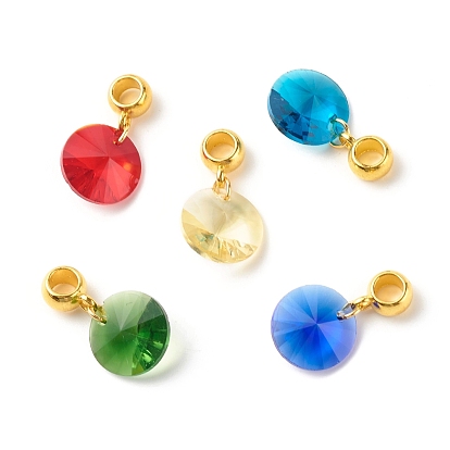 Faceted Glass Pendants, with Tibetan Style Alloy Tube Bails and 304 Stainless Steel Jump Rings, Bicone, Golden