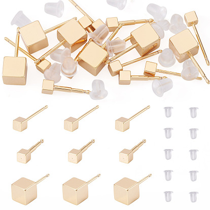 Латунные серьги-гвоздики для женщин, с пластиковыми и силиконовыми ушными гайками, кубические