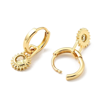 Clear Cubic Zirconia Sun Dangle Hoop Earrings, Rack Plating Brass Jewelry for Women, Cadmium Free & Nickel Free & Lead Free