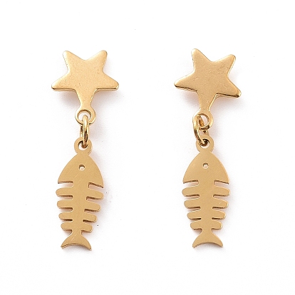 304 Stainless Steel Fishbone with Star Dangle Stud Earrings for Women