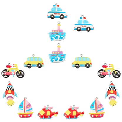 14Pcs 7 Style Resin Pendants, with Platinum Iron Peg Bail, Rockets & Steamship & Car & Helicopter & Bicycle