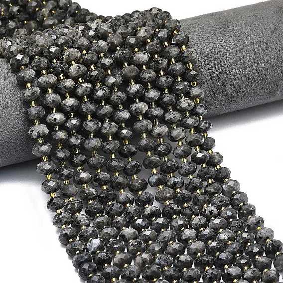 Натуральные нити бус из ларвикита, граненые, рондель, с бисером