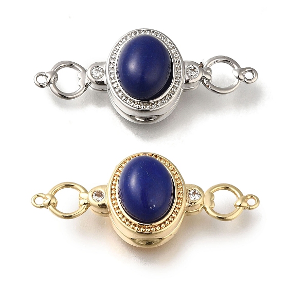Магнитные застежки из латуни с микропейвом и прозрачным кубическим цирконием, без кадмия, без никеля и без свинца, с натуральным лазуритом, овальные