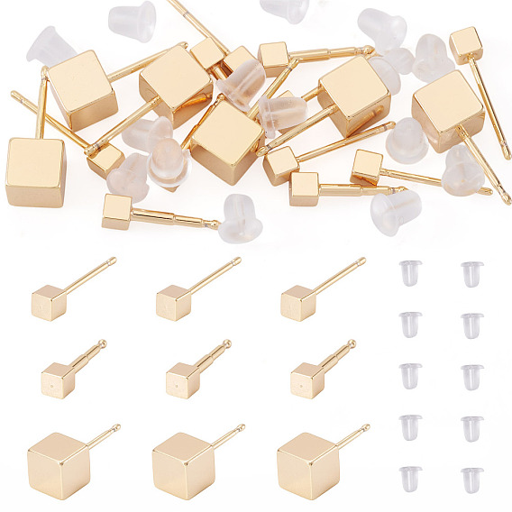 Латунные серьги-гвоздики для женщин, с пластиковыми и силиконовыми ушными гайками, кубические