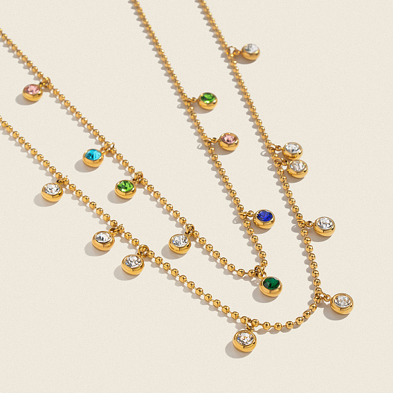 304 Женские плоские круглые ожерелья-кисточки из нержавеющей стали с кубическими циркониями, реальный 18 k позолоченный